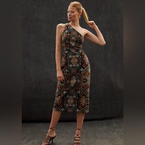 EUC Elegant One-Shoulder Jacquard Midi Dress by Anthropologie Size S